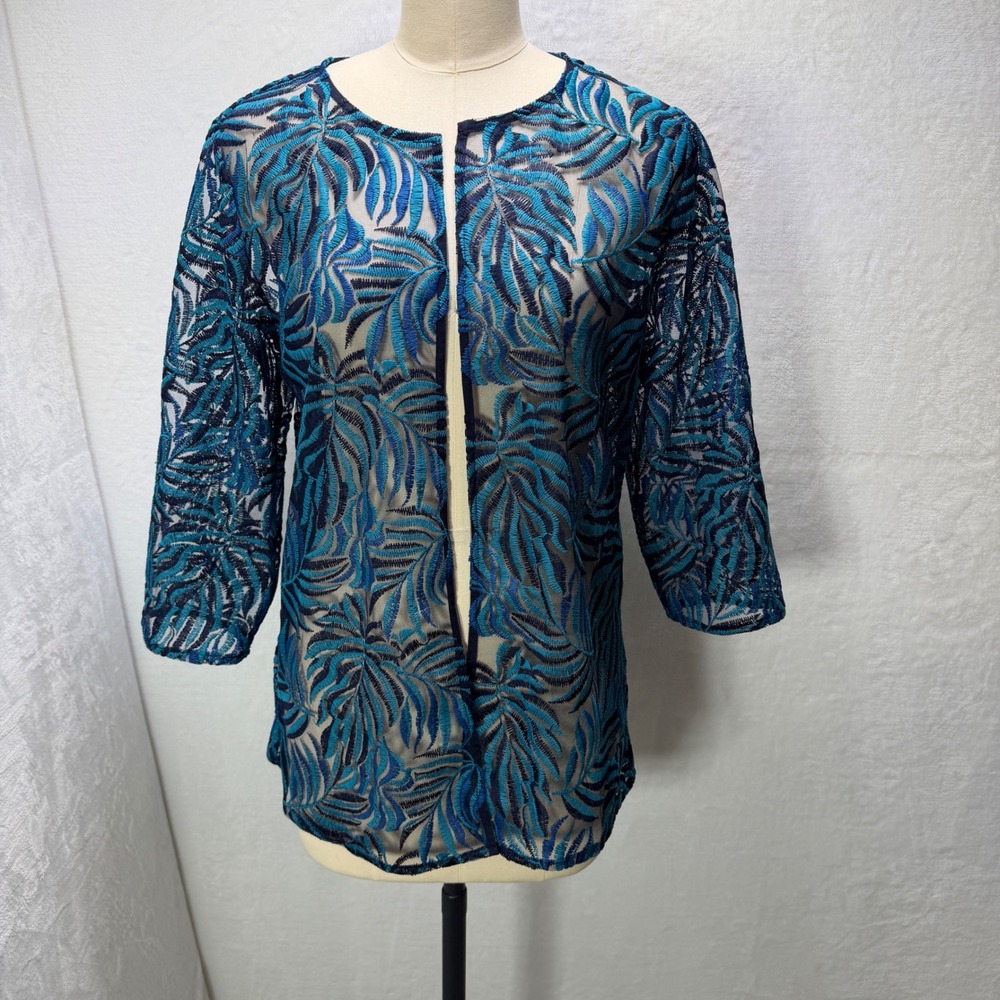 Chicos Size 1 Turquoise Navy Blue Sheer Embroidered Leaf Cardigan 3/4 Sleeve